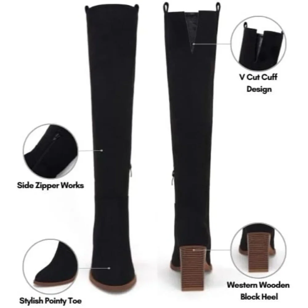 Womens Black Faux Suede Knee High Side Zipper Chunky Heel Winter Stretch Boots
